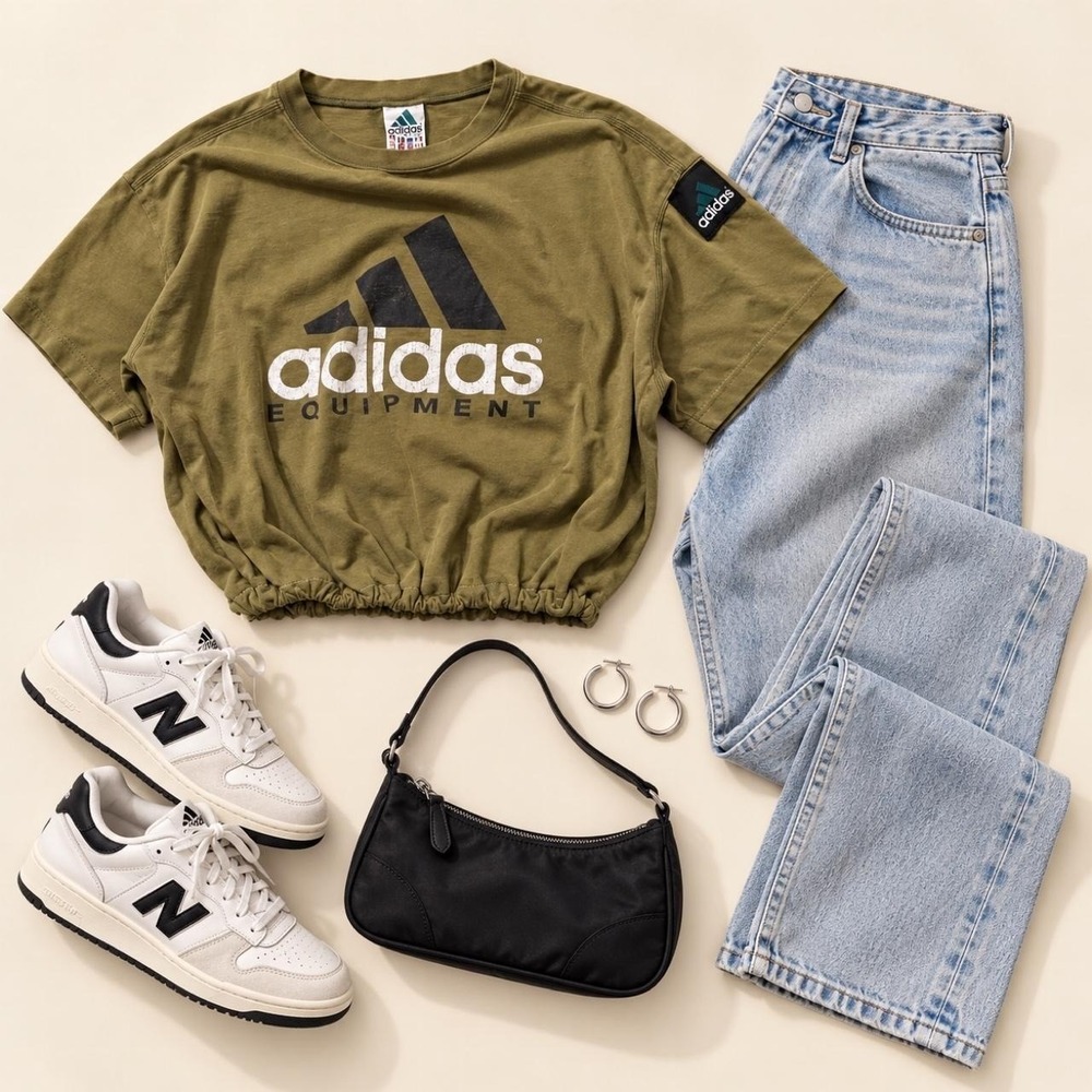 Vintage 90s Adidas Equipment tee - olive green. Elastic hem, oversized fit